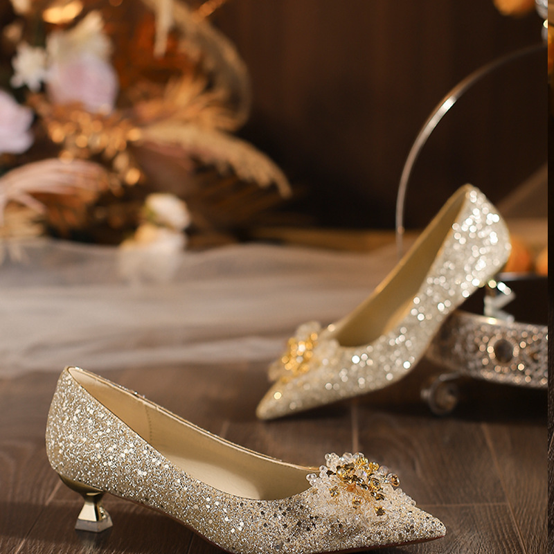 Gold crystal high-heeled shoes low shoes for women