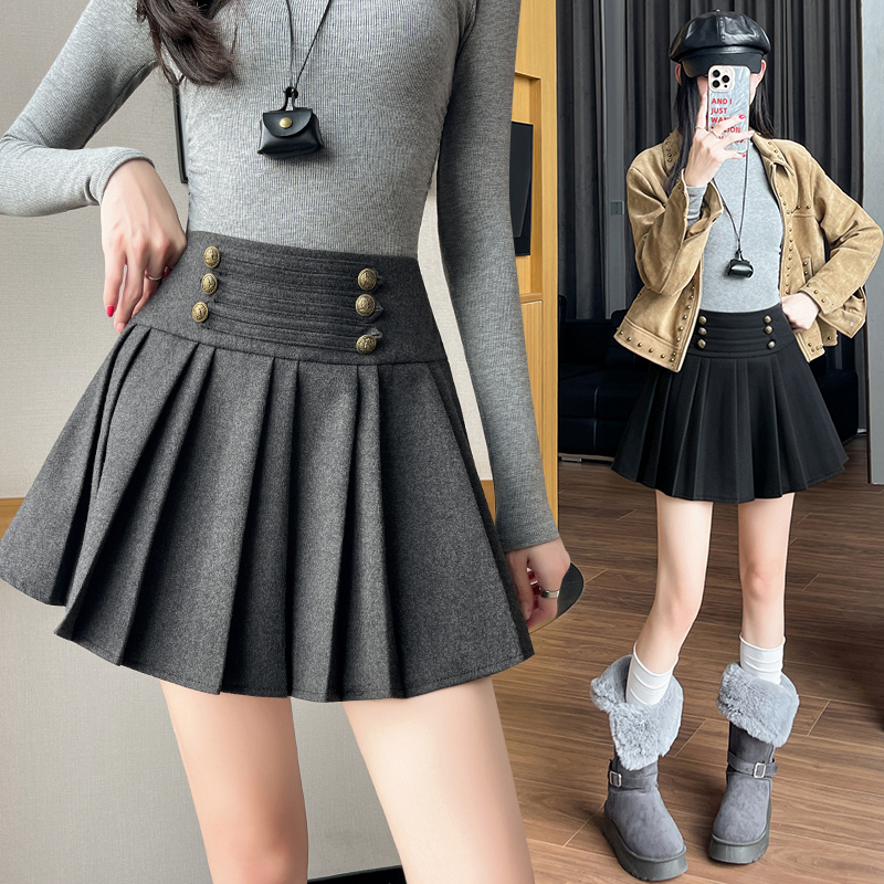 Pleated woolen skirt breasted Casual short skirt