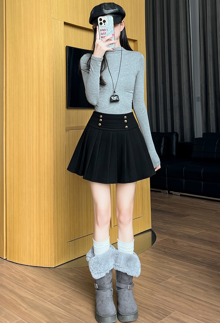 Pleated woolen skirt breasted Casual short skirt