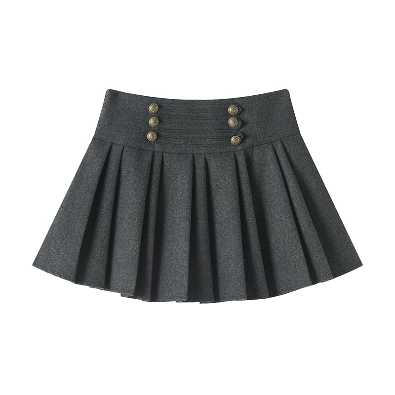 Pleated woolen skirt breasted Casual short skirt