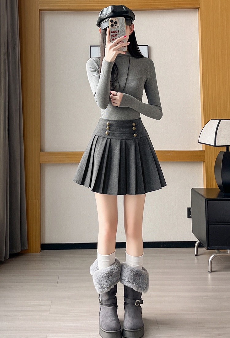Pleated woolen skirt breasted Casual short skirt