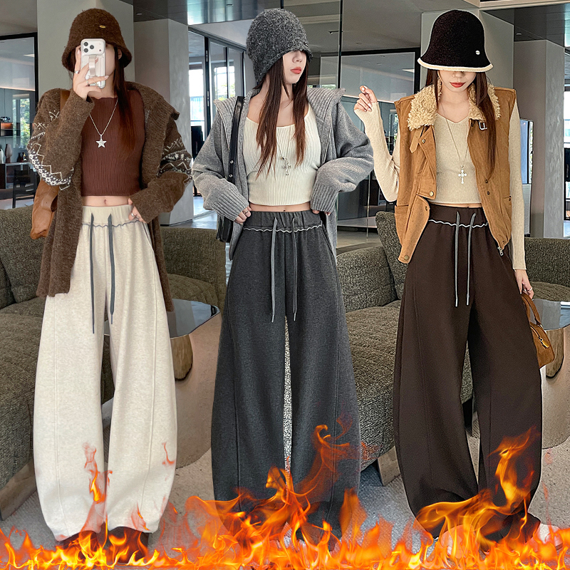 High waist wide leg pants plus velvet casual pants for women