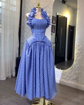 Halter long fashion high waist autumn stripe dress for women
