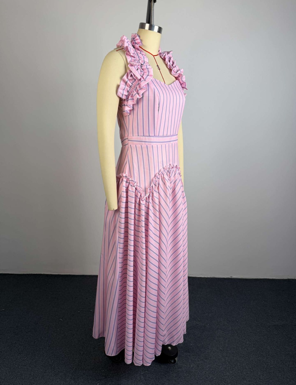 Halter long fashion high waist autumn stripe dress for women