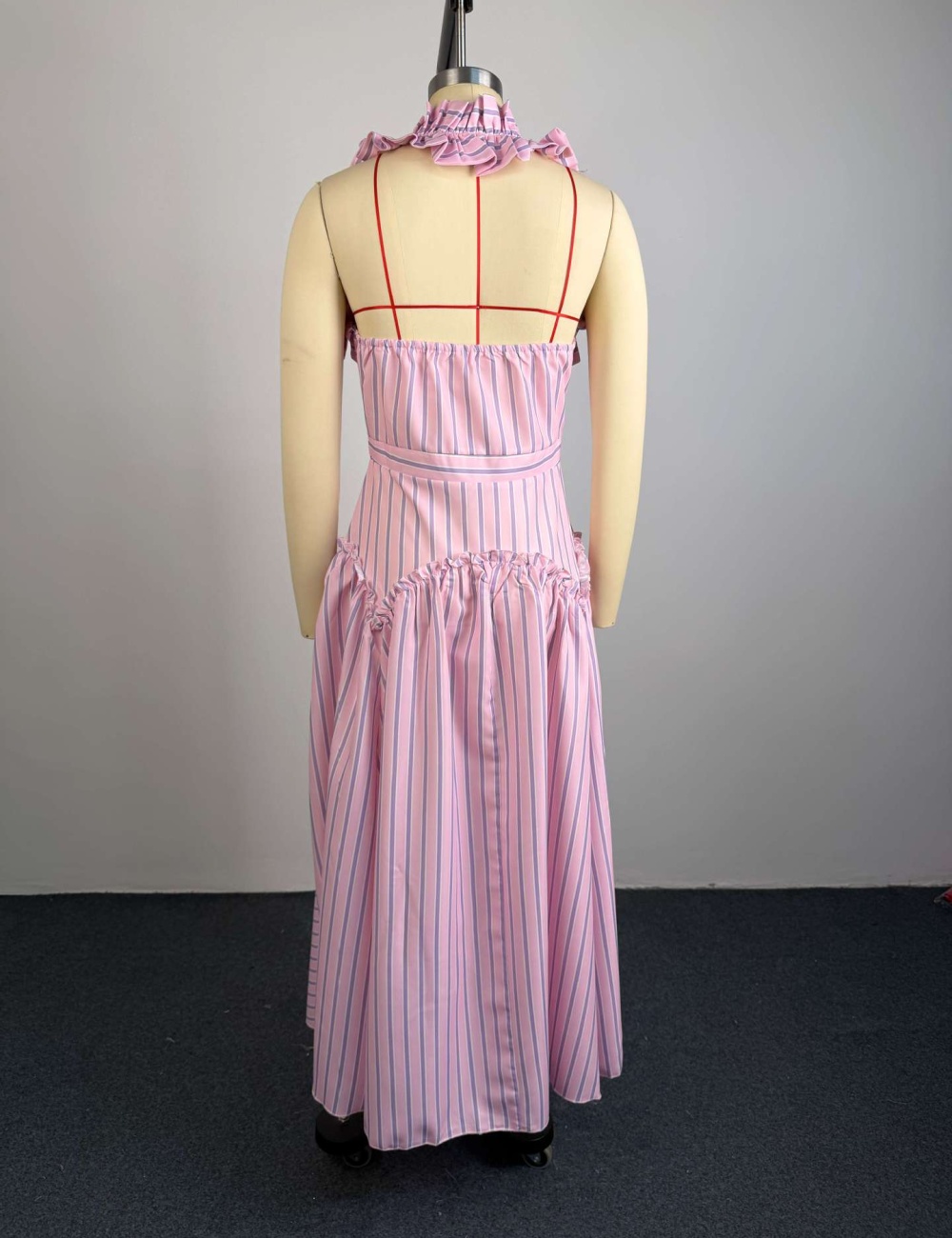 Halter long fashion high waist autumn stripe dress for women