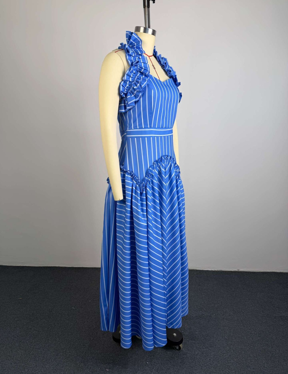 Halter long fashion high waist autumn stripe dress for women