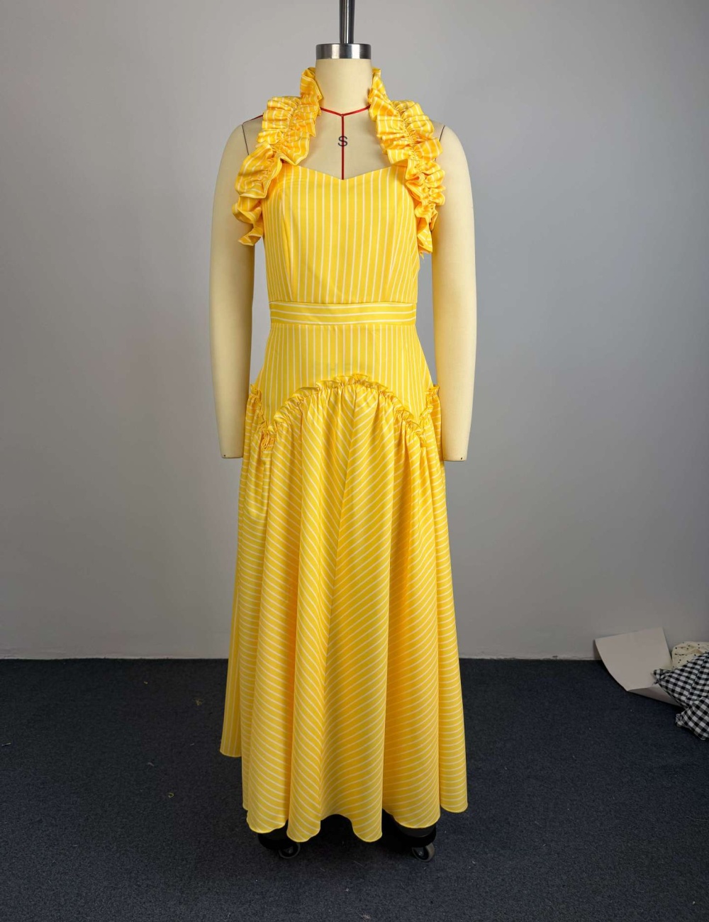 Halter long fashion high waist autumn stripe dress for women