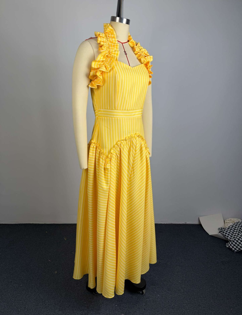 Halter long fashion high waist autumn stripe dress for women