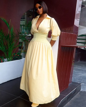 European style fashion lantern sleeve pure V-neck dress