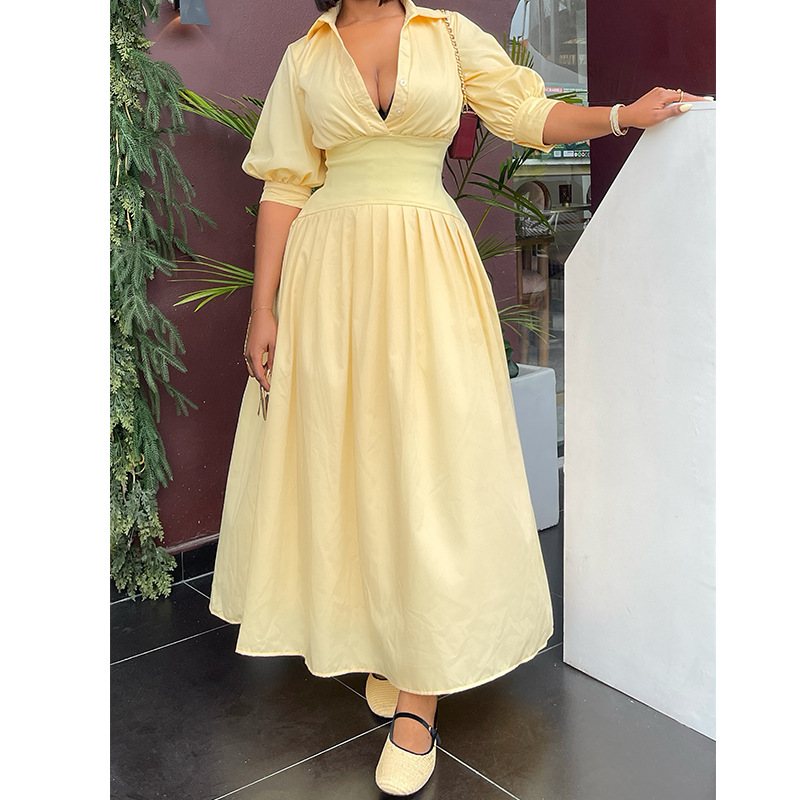 European style fashion lantern sleeve pure V-neck dress