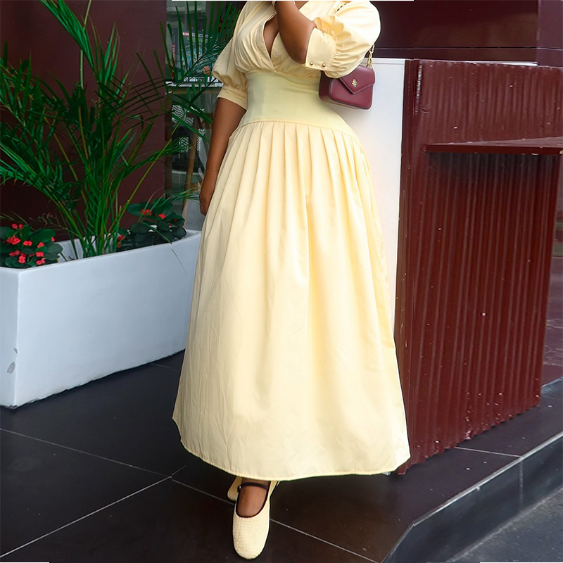 European style fashion lantern sleeve pure V-neck dress