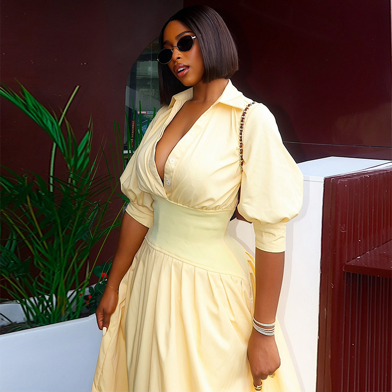 European style fashion lantern sleeve pure V-neck dress