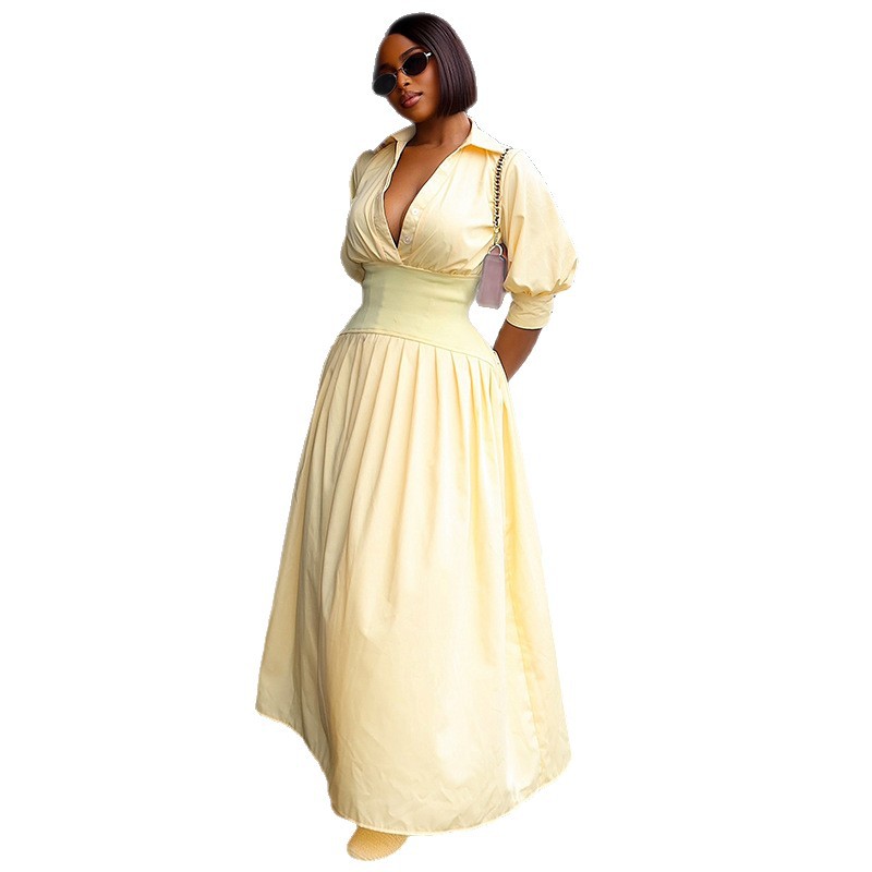 European style fashion lantern sleeve pure V-neck dress