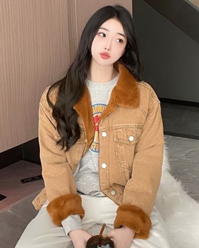 Thermal denim all-match rabbit fur cotton coat for women