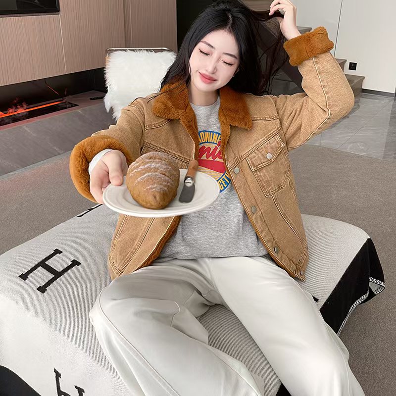 Thermal denim all-match rabbit fur cotton coat for women