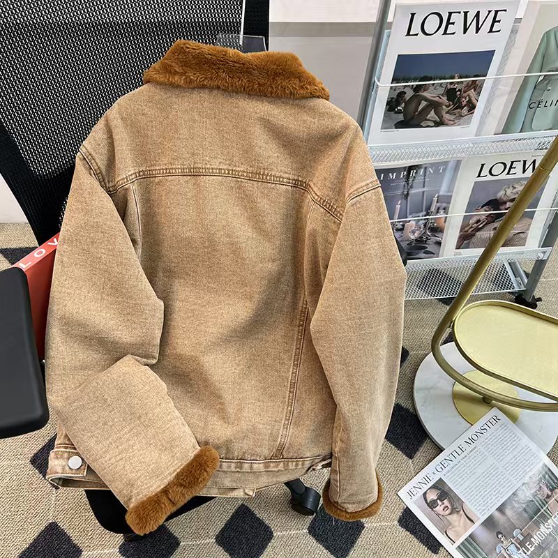 Thermal denim all-match rabbit fur cotton coat for women
