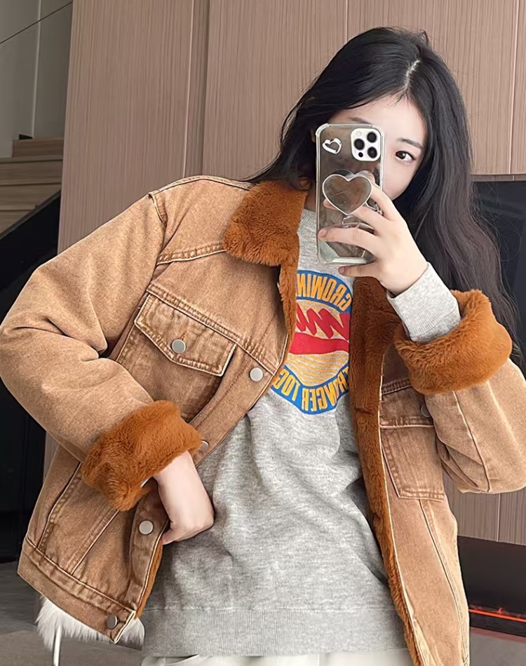 Thermal denim all-match rabbit fur cotton coat for women