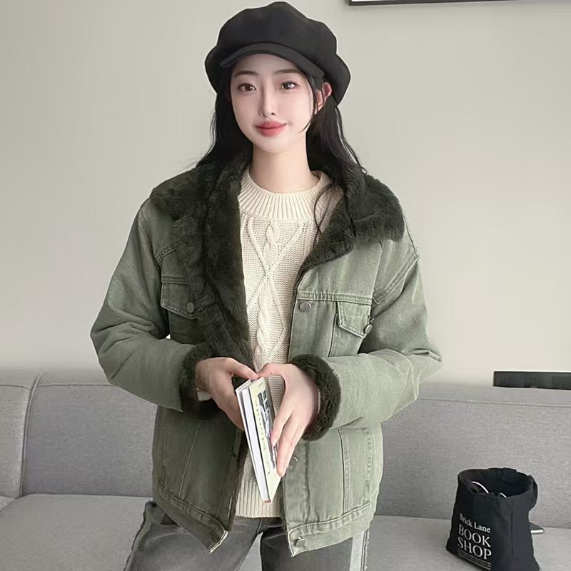 Thermal denim all-match rabbit fur cotton coat for women