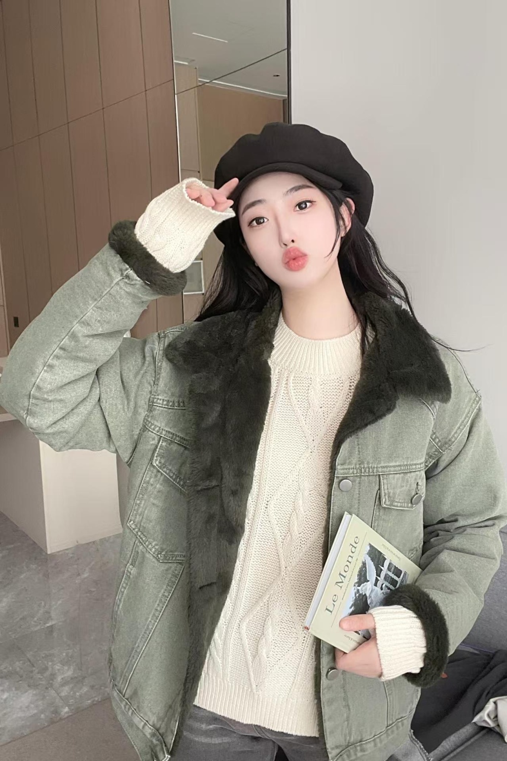 Thermal denim all-match rabbit fur cotton coat for women