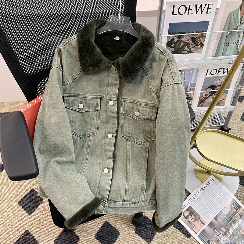 Thermal denim all-match rabbit fur cotton coat for women