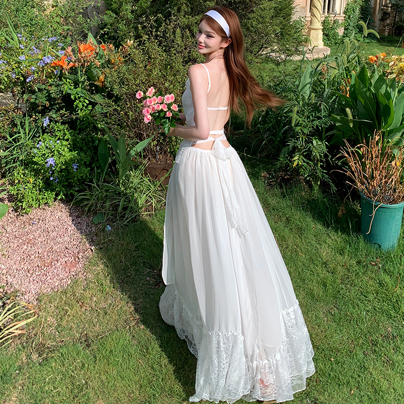 Back bandage long lace sling splice pinched waist slim dress