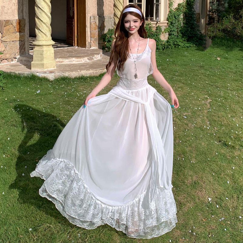 Back bandage long lace sling splice pinched waist slim dress