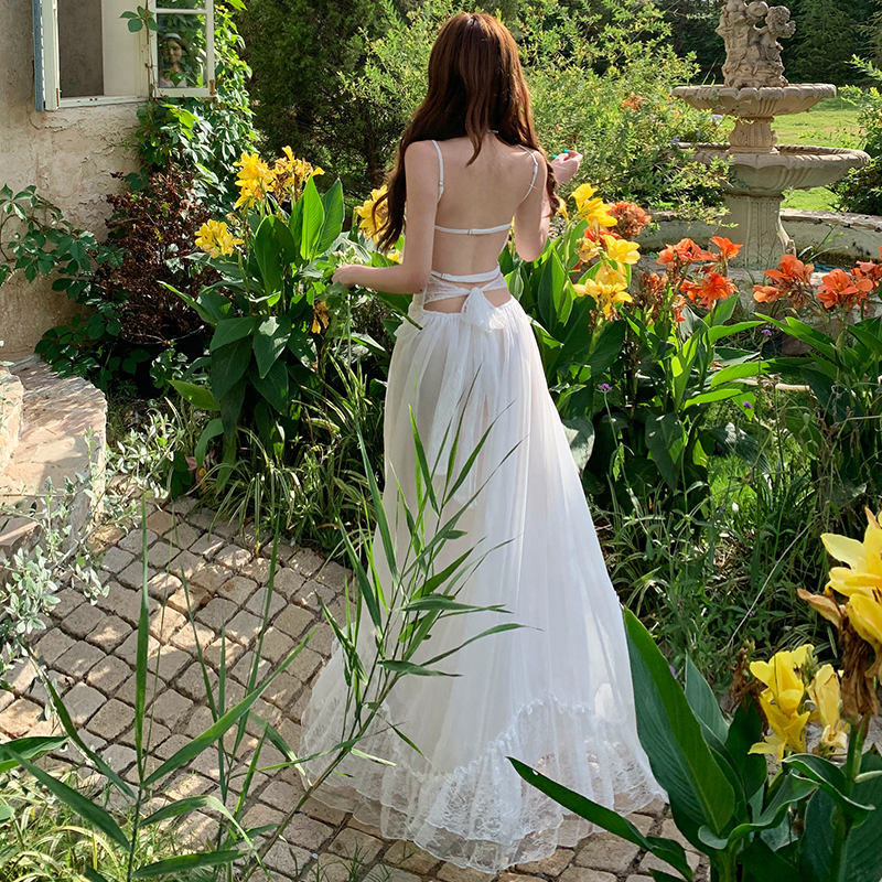 Back bandage long lace sling splice pinched waist slim dress