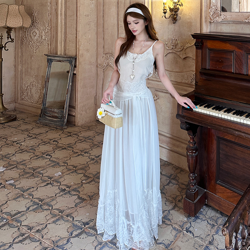 Back bandage long lace sling splice pinched waist slim dress
