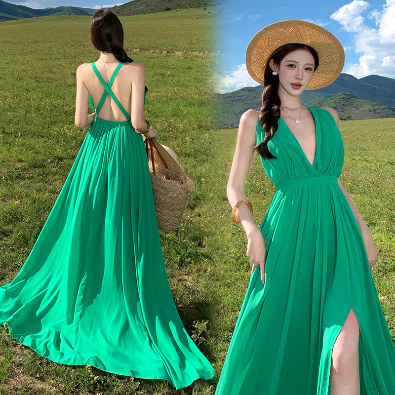 Sexy slim sling long dress summer vacation pinched waist dress