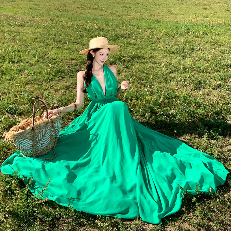 Sexy slim sling long dress summer vacation pinched waist dress