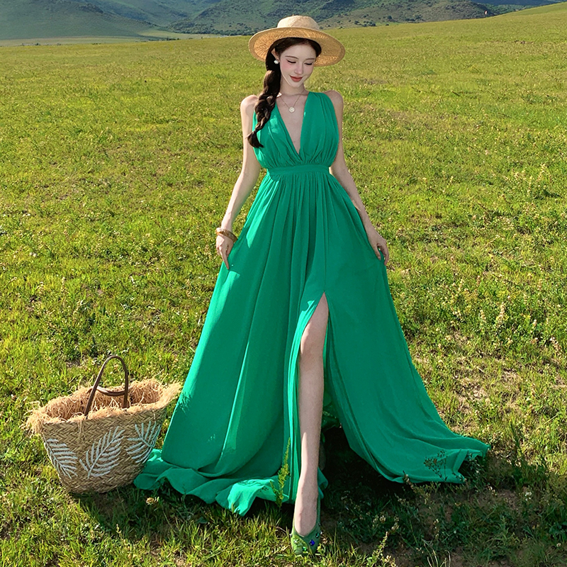 Sexy slim sling long dress summer vacation pinched waist dress