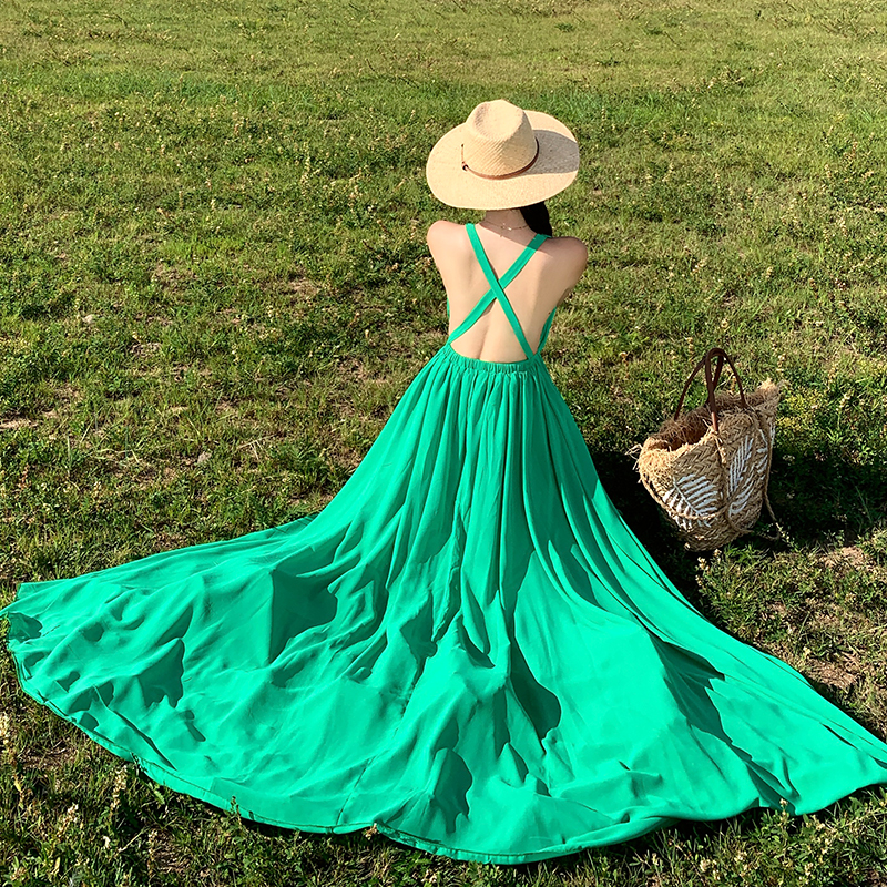 Sexy slim sling long dress summer vacation pinched waist dress