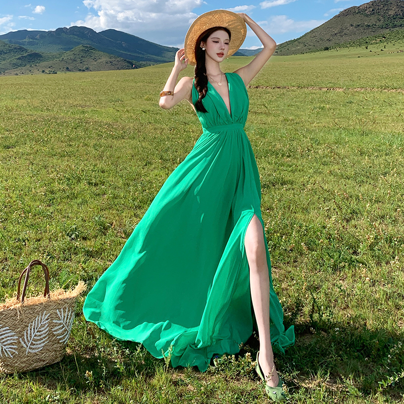Sexy slim sling long dress summer vacation pinched waist dress
