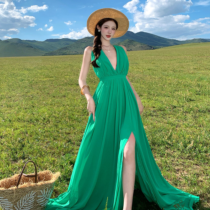 Sexy slim sling long dress summer vacation pinched waist dress