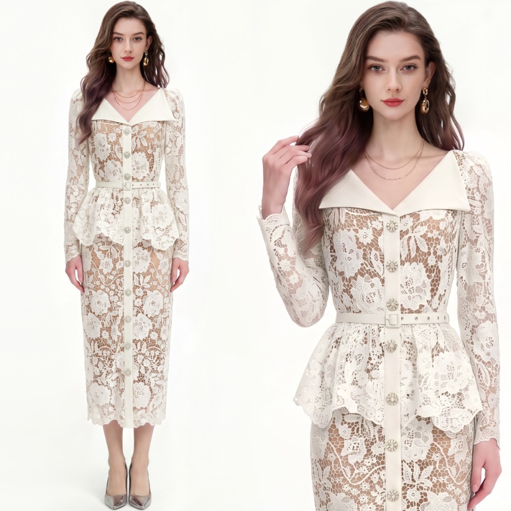Long sleeve with belt lace niche pinched waist dress