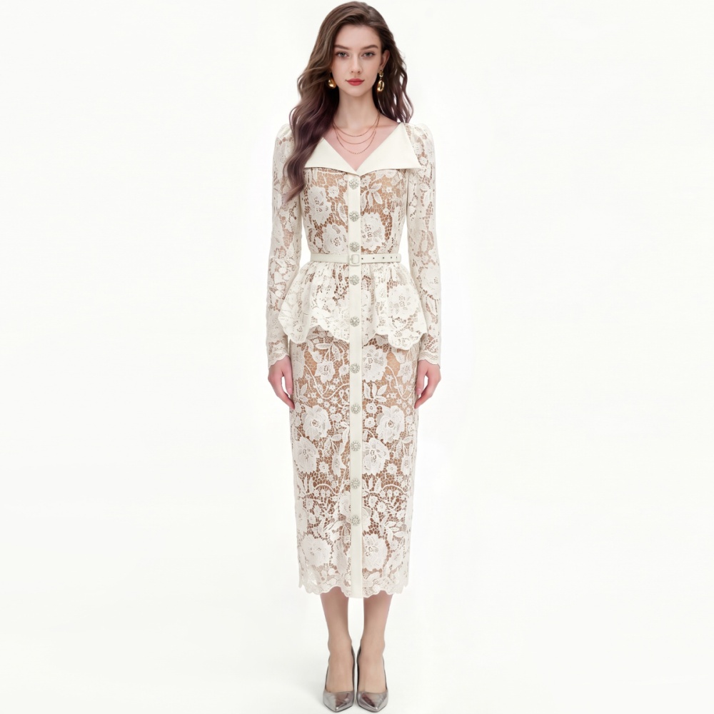 Long sleeve with belt lace niche pinched waist dress