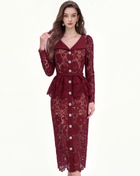 France style with belt temperament lace slim dress