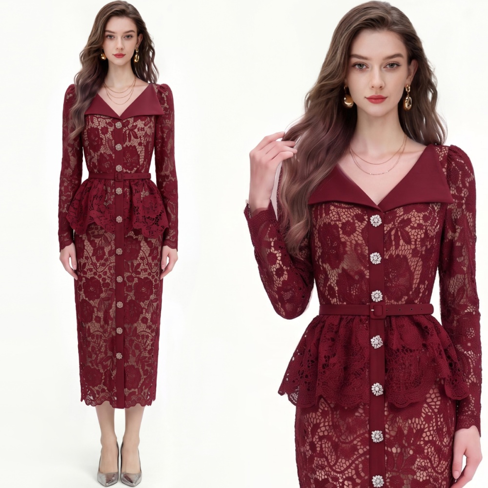 France style with belt temperament lace slim dress