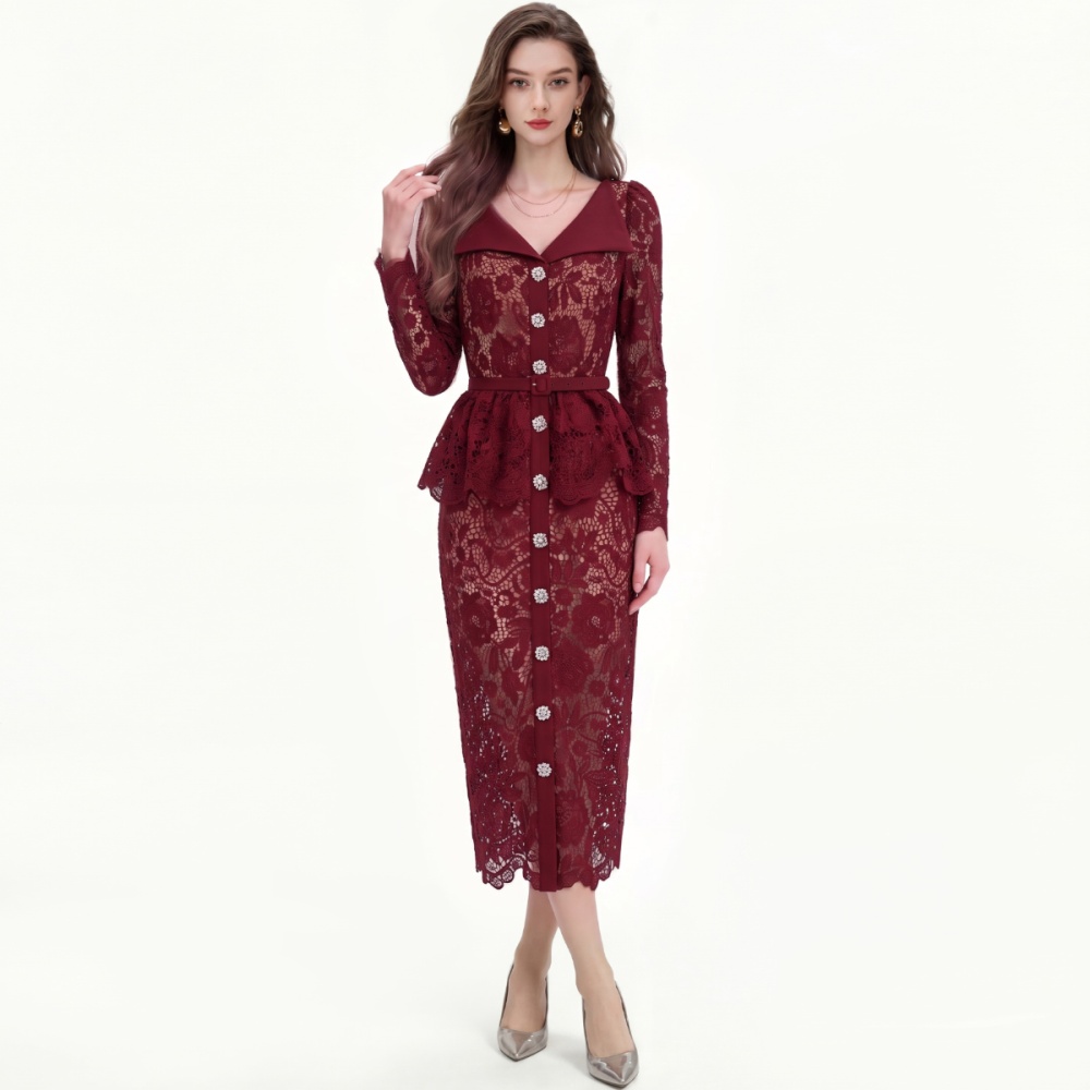 France style with belt temperament lace slim dress
