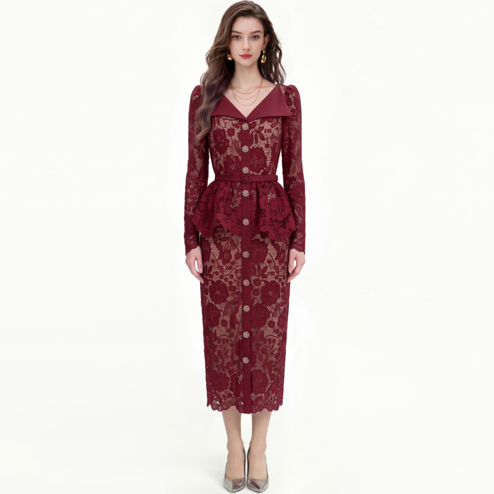 France style with belt temperament lace slim dress