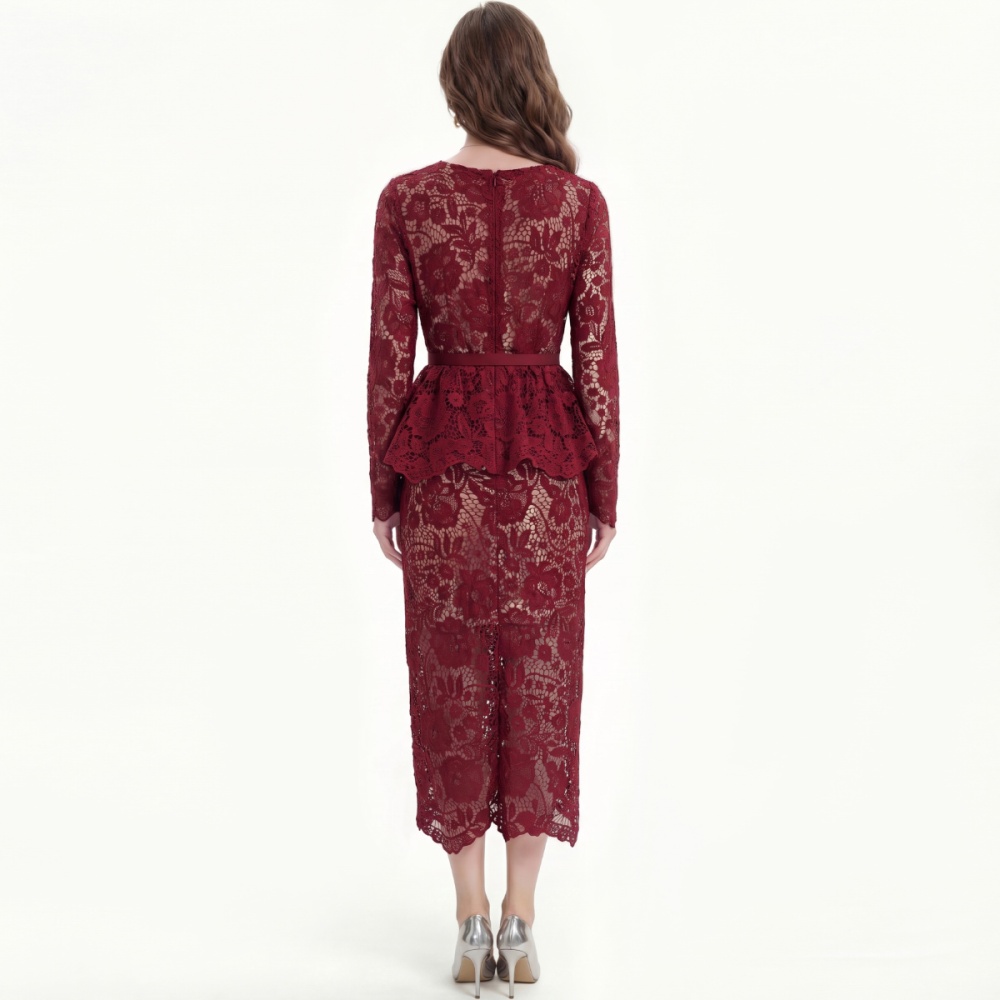France style with belt temperament lace slim dress