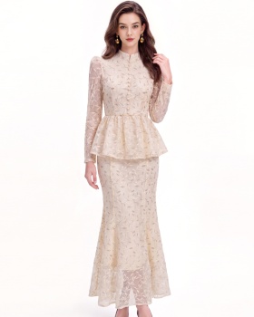 Single-breasted cstand collar tops ladies skirt a set