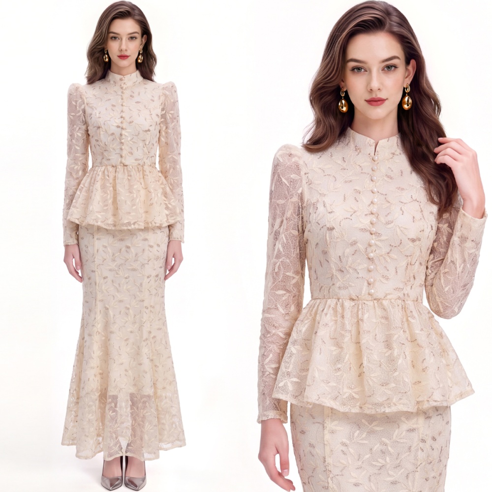 Single-breasted cstand collar tops ladies skirt a set