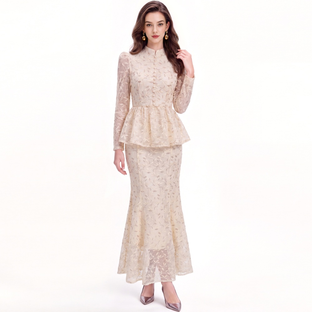 Single-breasted cstand collar tops ladies skirt a set