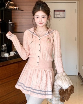 College style cardigan knitted skirt 2pcs set for women