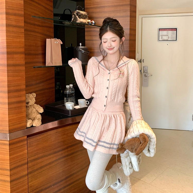 College style cardigan knitted skirt 2pcs set for women