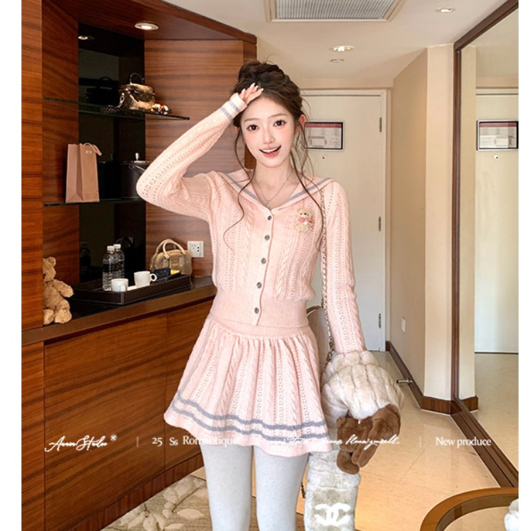 College style cardigan knitted skirt 2pcs set for women