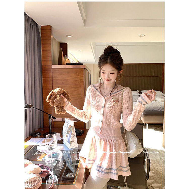 College style cardigan knitted skirt 2pcs set for women
