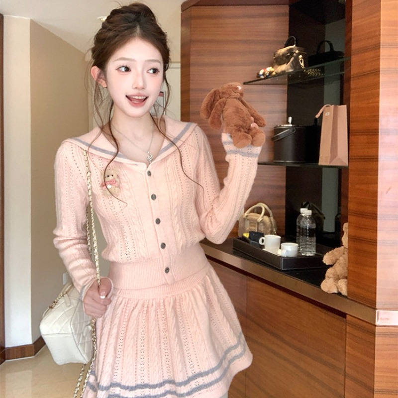 College style cardigan knitted skirt 2pcs set for women