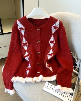 Thick bow autumn and winter cardigan quilted knitted tops